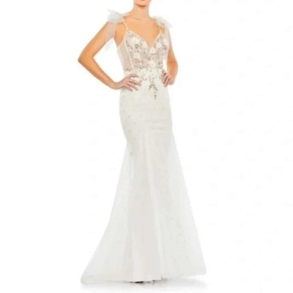 Mac Duggal Embellished Sleeveless Bow Tie Shoulder V-Neck Mermaid Gown